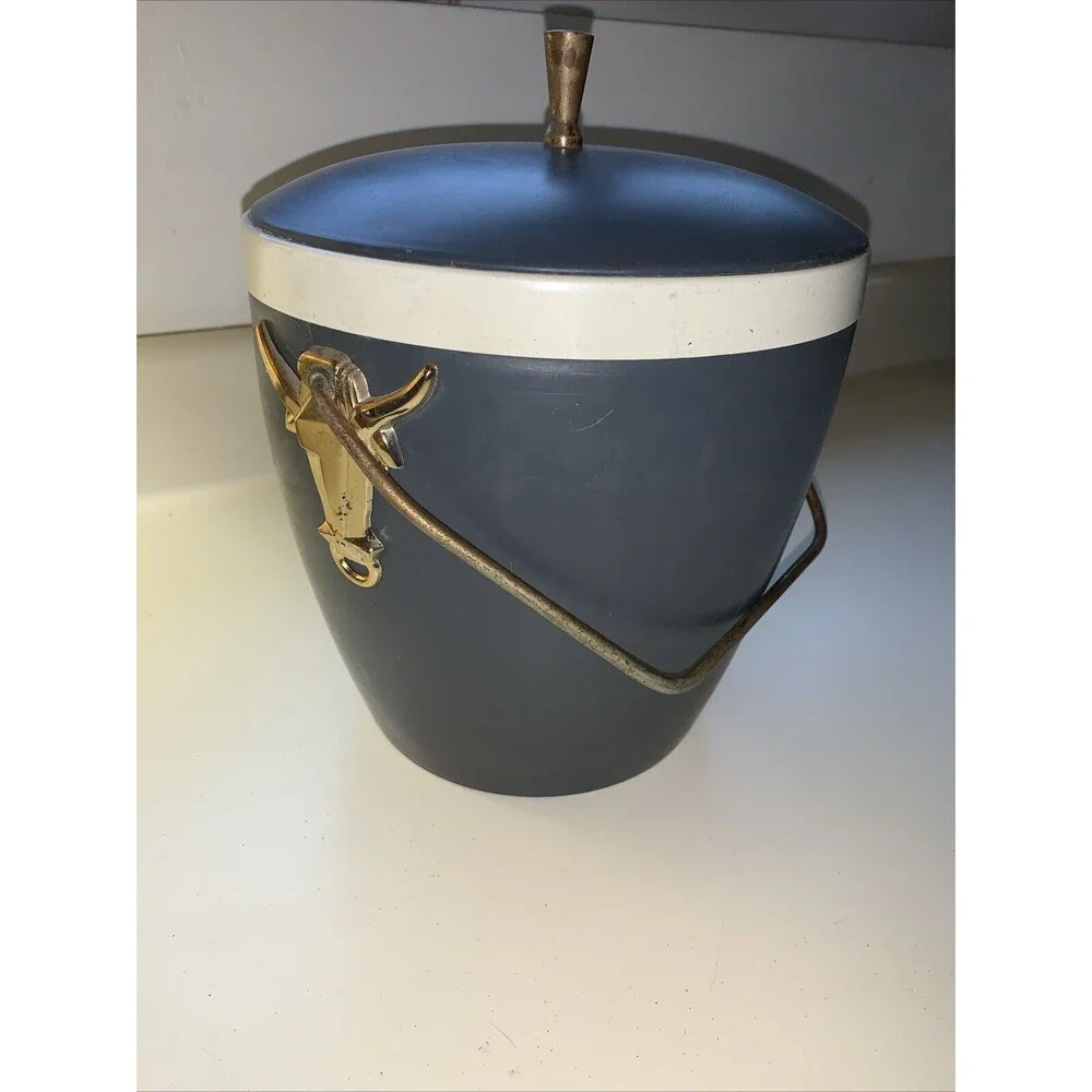 HFT Mid Century Gits Ware Ice Bucket Gray with Gold Longhorn Medallions and Trim